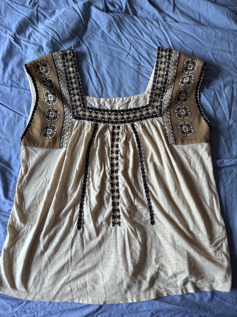Lucky Brand Cream Tank Top with Tan & Black Embroidery
